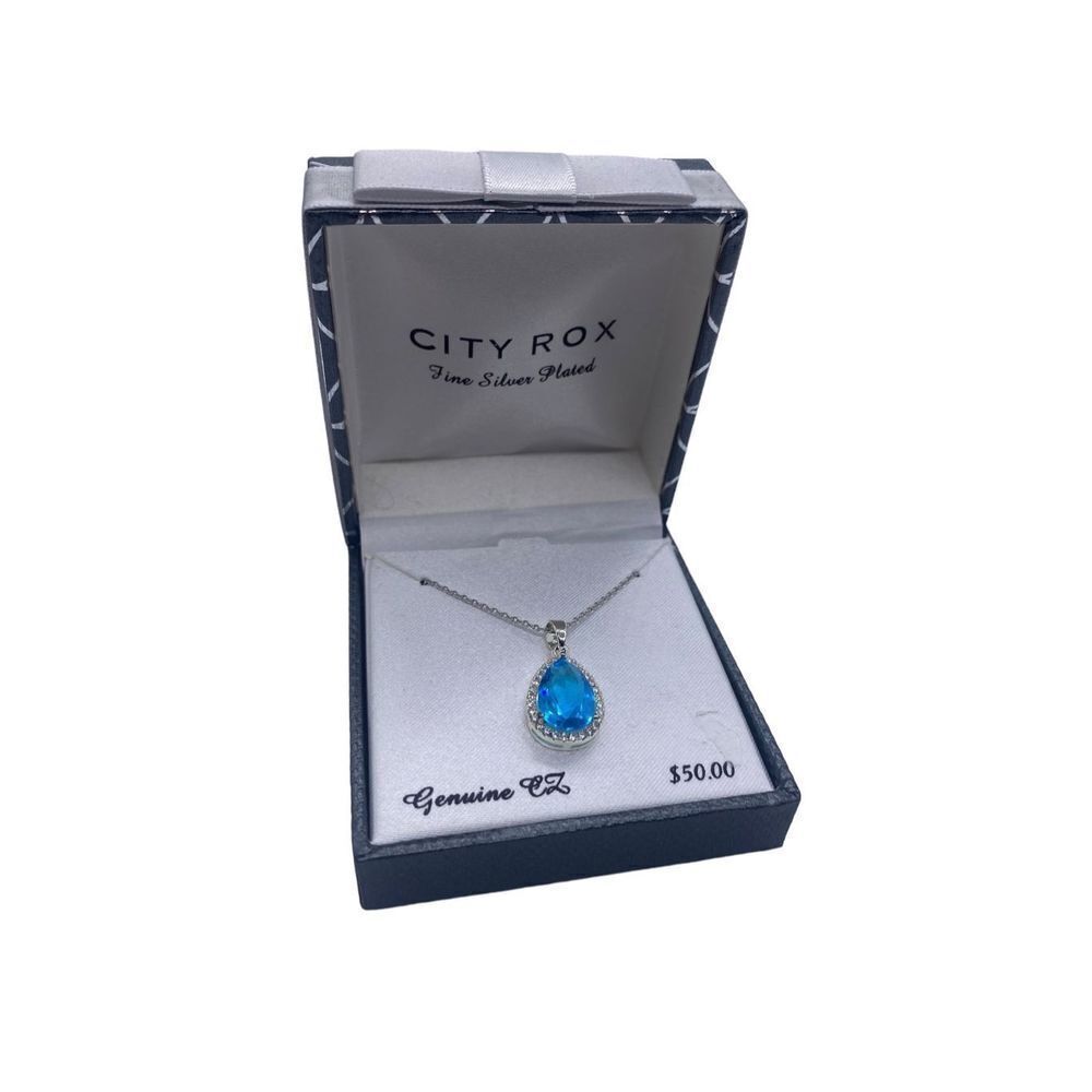 CITY ROX Cubic Zirconia Teardrop Halo Pendant Necklace light turquoise stone